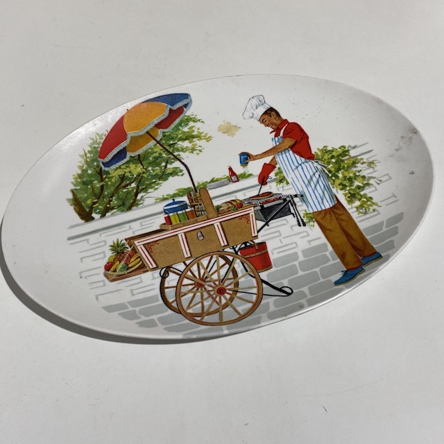 PLATE, 1950s Melamine w BBQ Cart